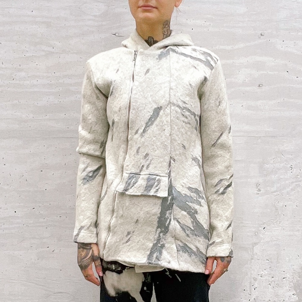 RAF by RAF SIMONS/Men's Hooded Asymmetrical Zip Up Mesh/Textured Jacket Cream M